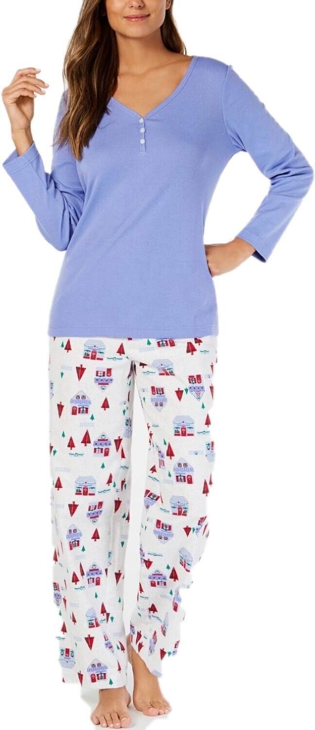 Charter Club Intimates Women's Holiday Village Pajama Top, Blue, M