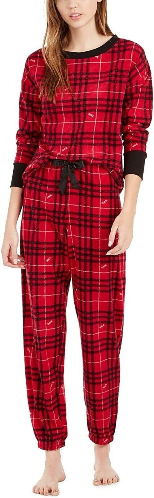 Betsey Johnson Womens Printed Waffle Fleece Pajamas Top Red Plaid M TOP ONLY