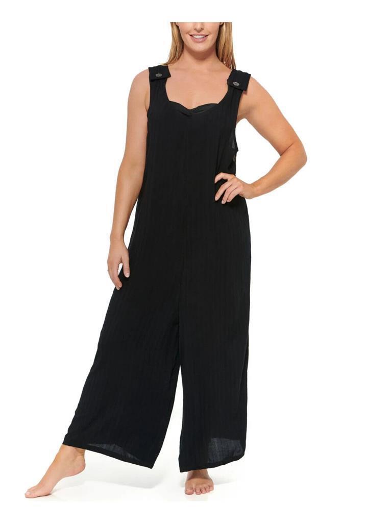 DOTTI Women's Button Straps Royal Belize Jumpsuit Swimsuit Cover Up, Black, L