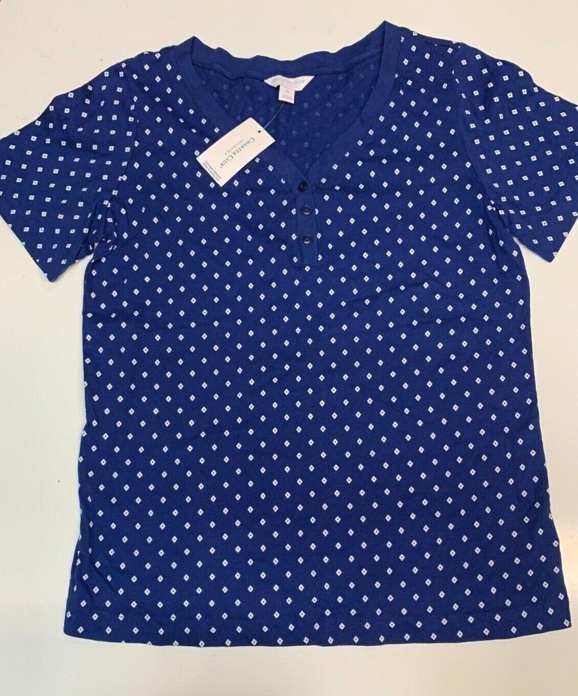 CHARTER CLUB Intimates Women's Short Sleeve Pajama TOP ONLY - Blue Diamante- XS