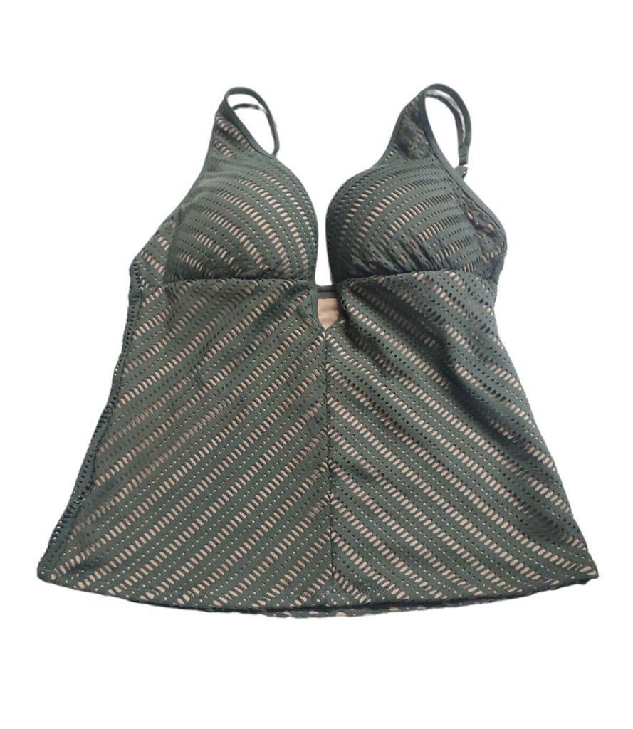 Bar III Womens Swimwear Crochet Plunge Neck Tankini, Olive, Size Medium