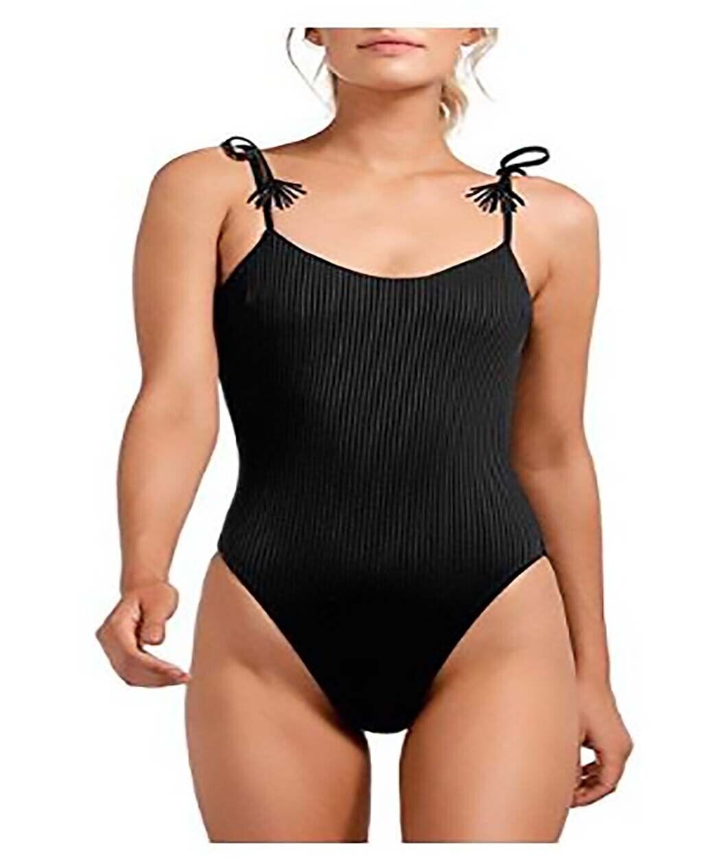 California Waves Women's Ribbed One Piece Swimsuit, Black, Small