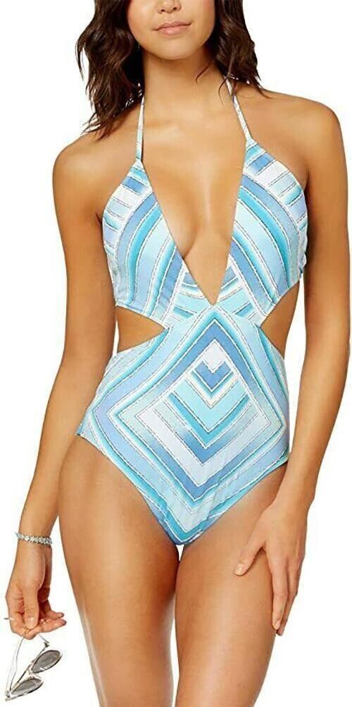 Bar III Printed Plunge Cutout Monokini One-Piece Swimsuit, CRYSTAL BLUE, S