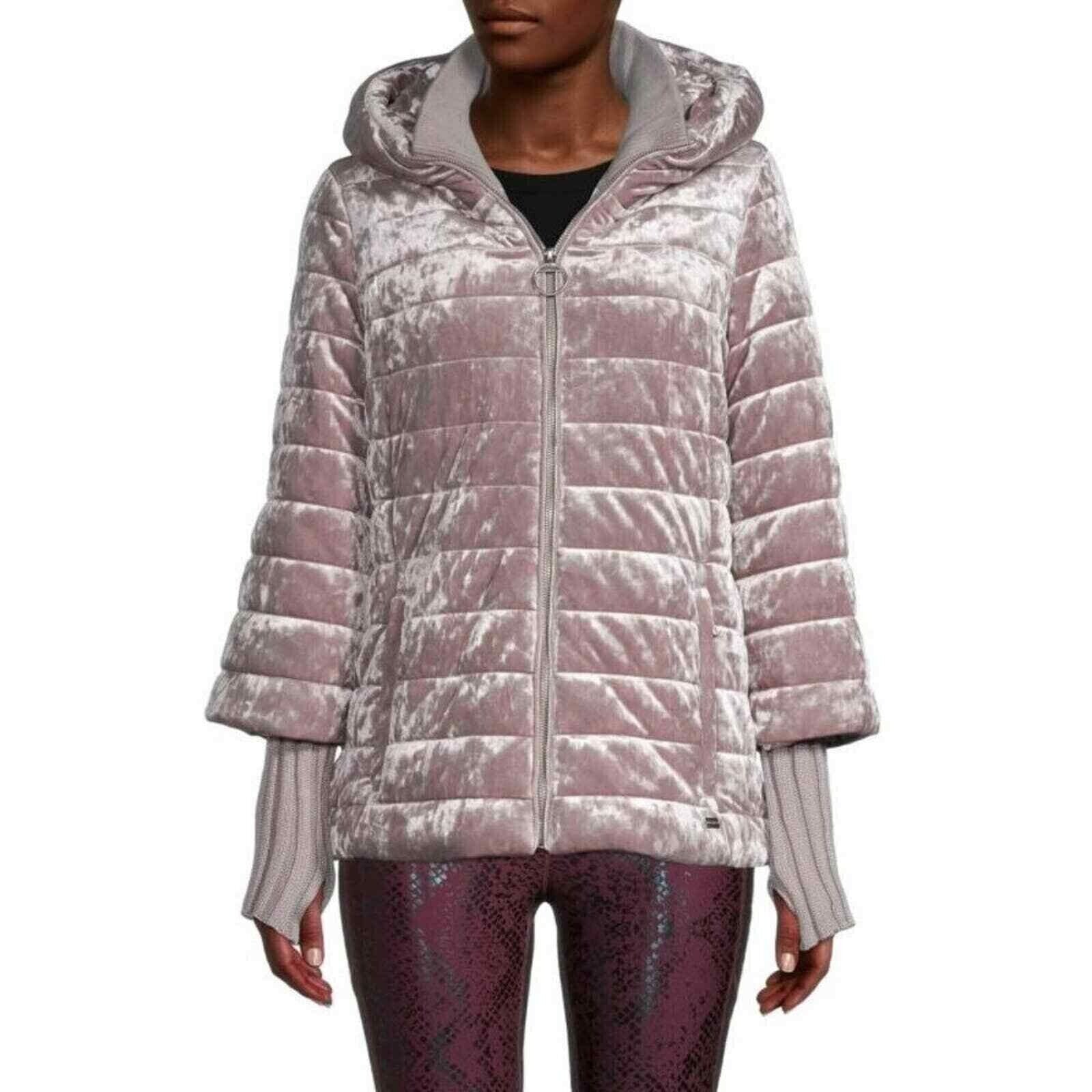 DKNY Sport Women's Crushed Velvet Puffer Jacket, ROSE BLUSH, size Large