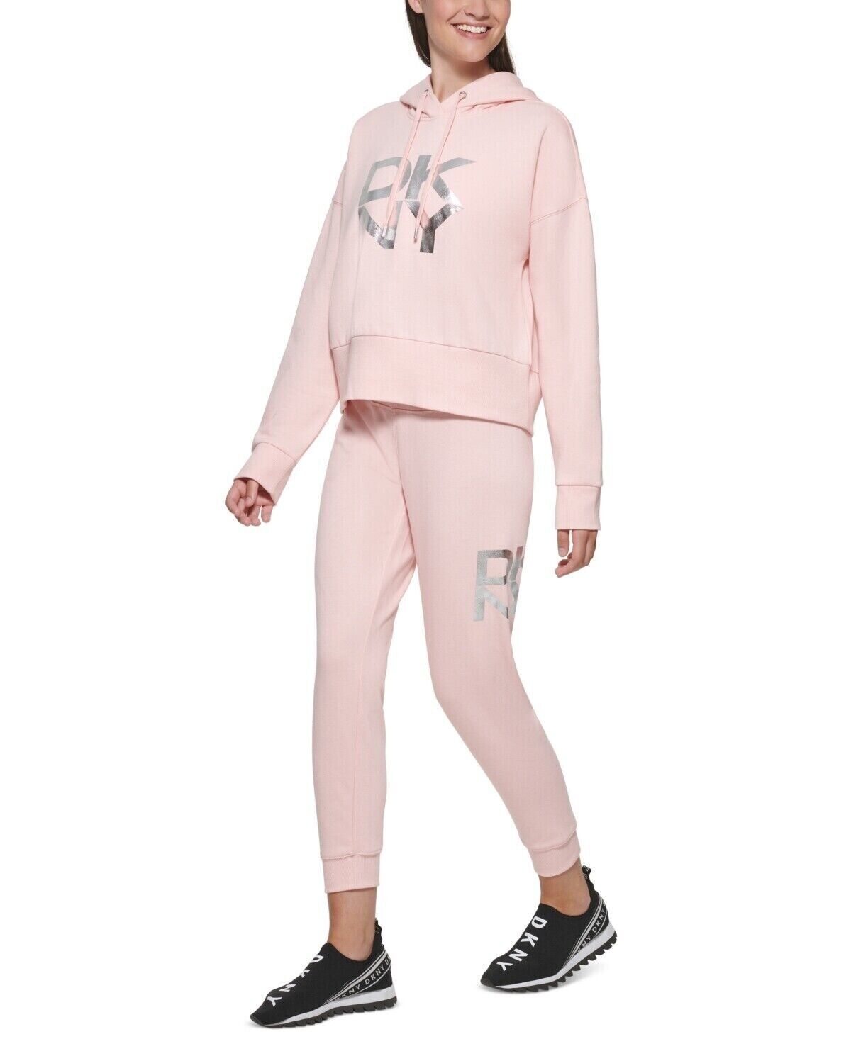 DKNY Sport Ladies Stacked Metallic Logo Cropped Hoodie, ROSEWATER, M