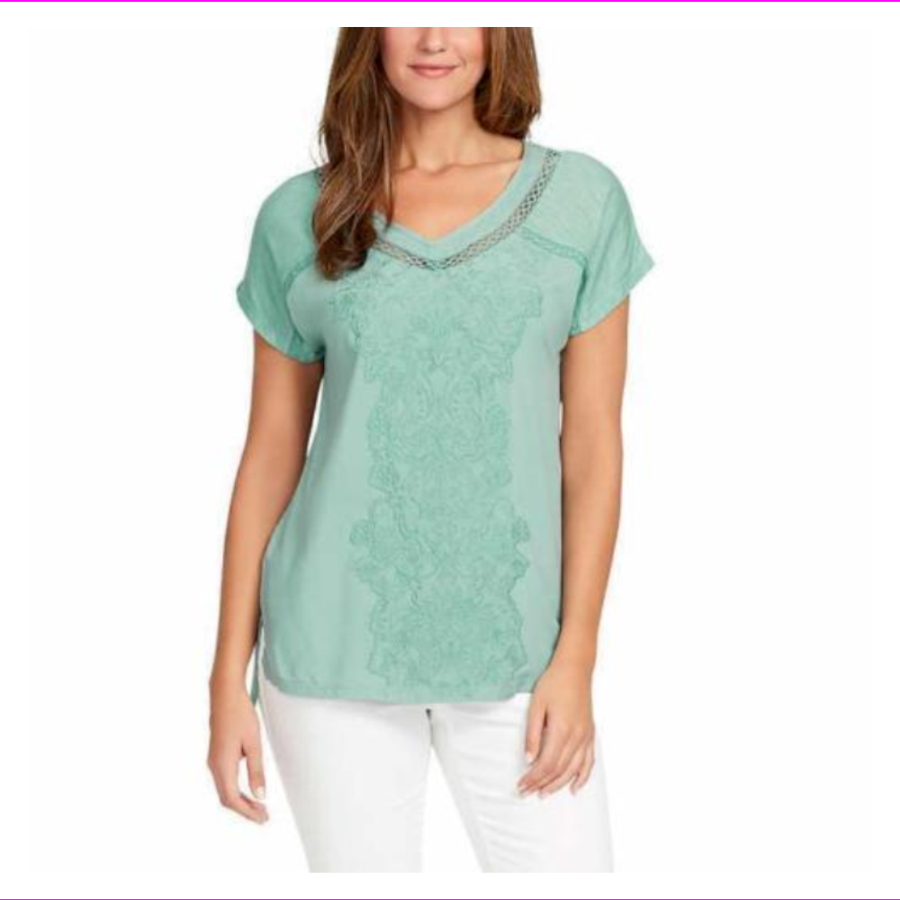 Gloria Vanderbilt Ladies Embroidered V Neck Shirt Top- Mineral Blue- Small