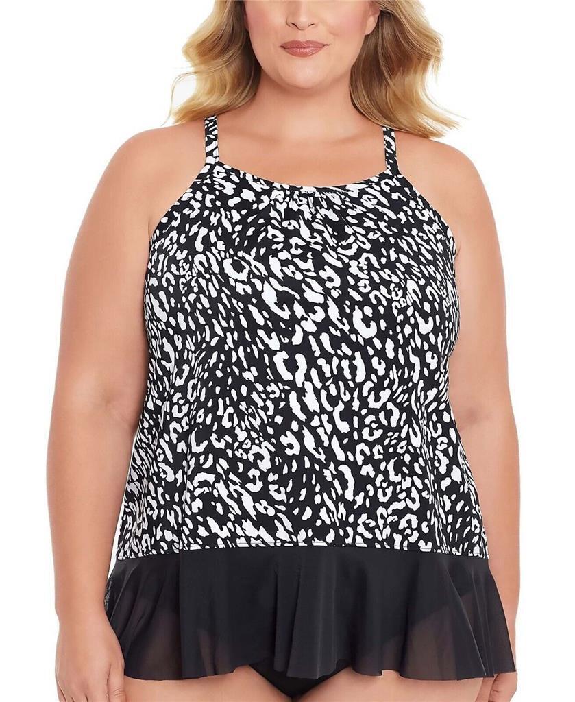 Swim Solutions Going Boldly Pleated High-Neck Ruffle Tankini Top, BLACK, 18W