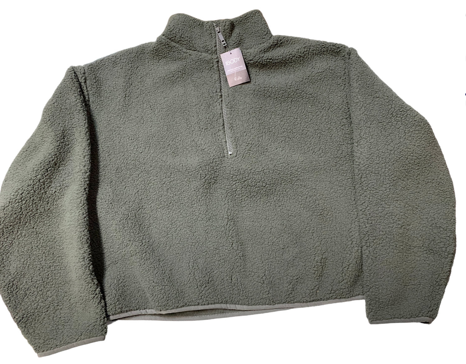 BODY Women's Crop Sherpa Half Zip Sweater, Khaki, Size Medium