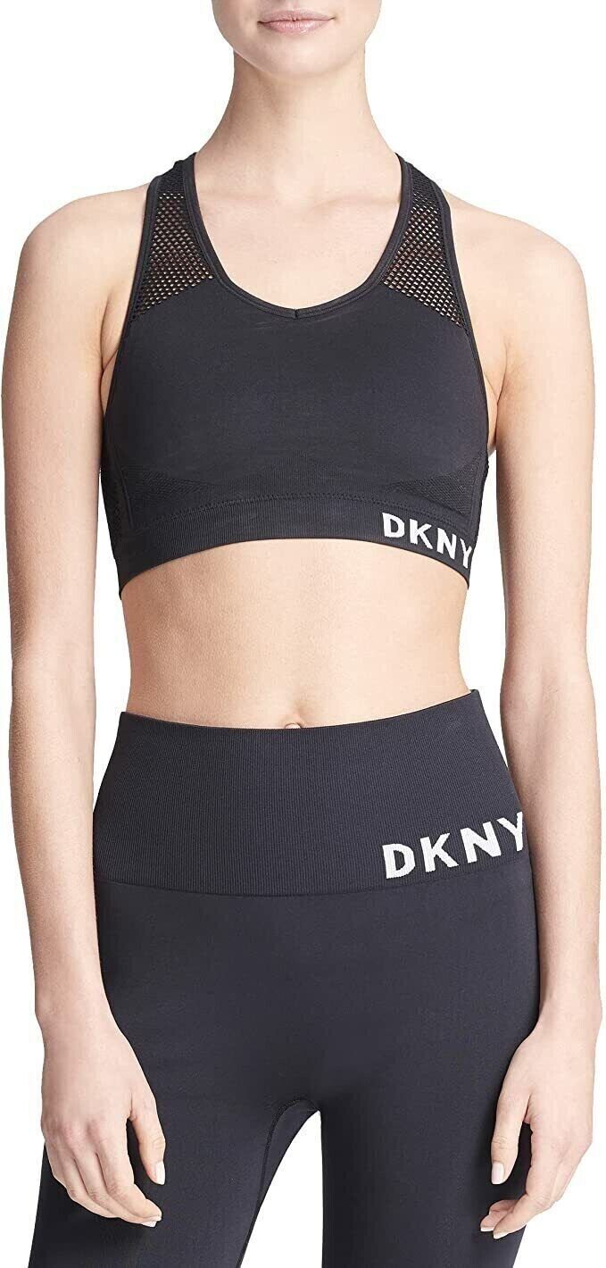DKNY Sport Women's Performance Support Yoga Running Bra, Black Mesh, S