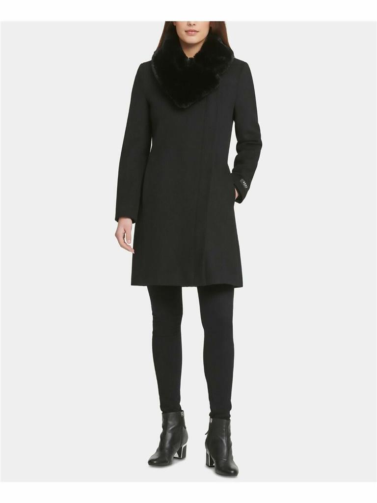 DKNY Womens Faux Fur Zippered Button Down Wool Blend Jacket Coat, BLACK, PXS