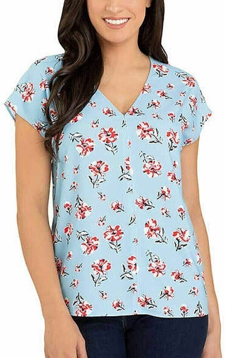 Hilary Radley Womans V-Neck Short-Sleeve Blouse Shirt Blue/Red Floral- Medium