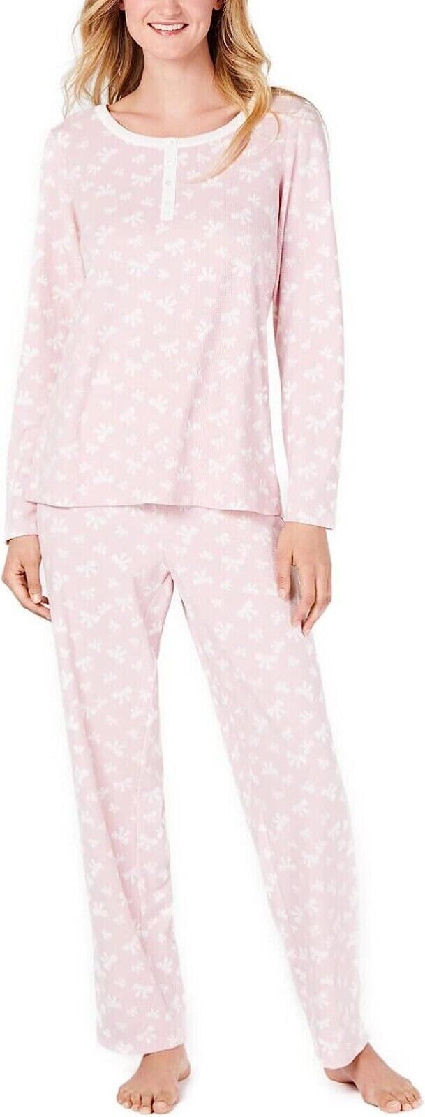 Charter Club Womens Thermal Nightwear Pajama Top, Pink Bows, 2X