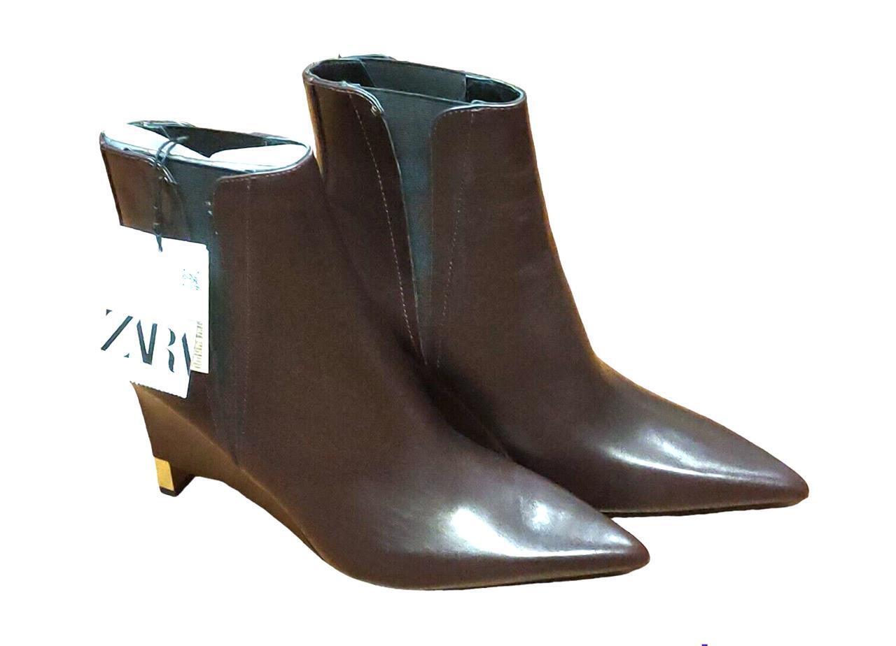 Zara Leather Wedge Pointed Toe Ankle Boot Brown Size 8- UK 39