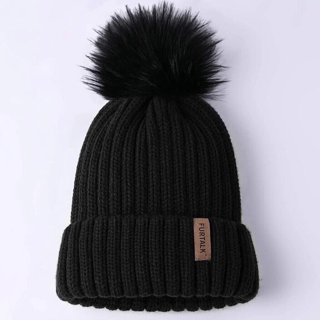 Furtalk Women's Roll Up Pom Pom Hats - Black