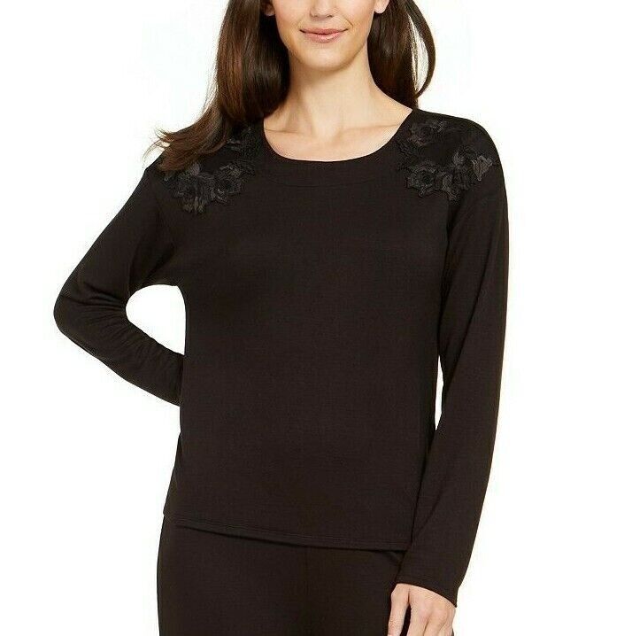Charter Club Women's Floral Embroidered Pajama Top (M, Black)