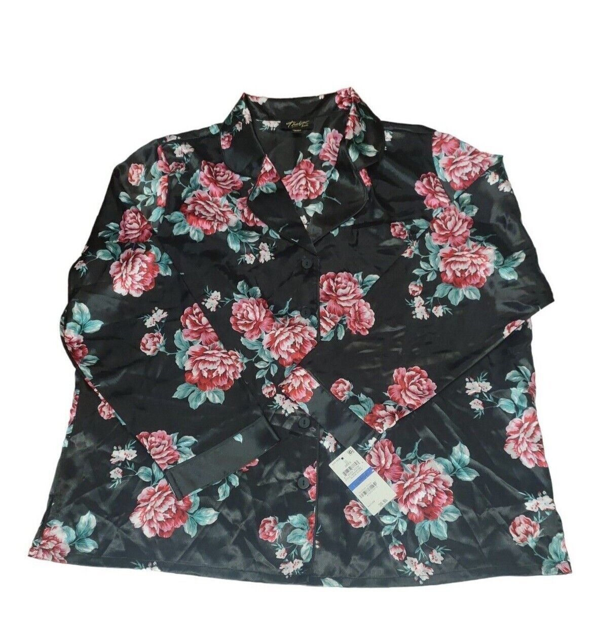 THALIA SODI Intimates Ladies Notched Collar Floral Pajama Top, BLACK, XL