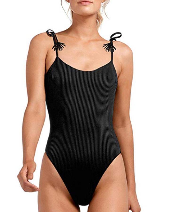 California Waves Womens Ribbed Lace-Up One-Piece Swimsuit, BLACK, M 