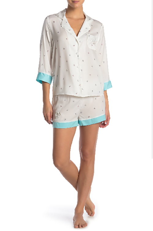 BETSEY JOHNSON Bride Notch Collar Stain Pajama Top, White-Blue, M