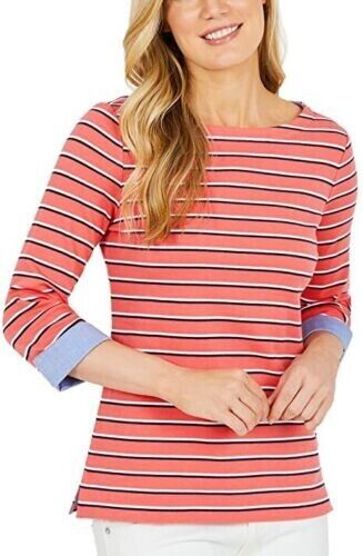 Nautica Ladies 3/4 Cuffed Sleeve Chambray Casual Top, DREAM CORAL, XX-Large
