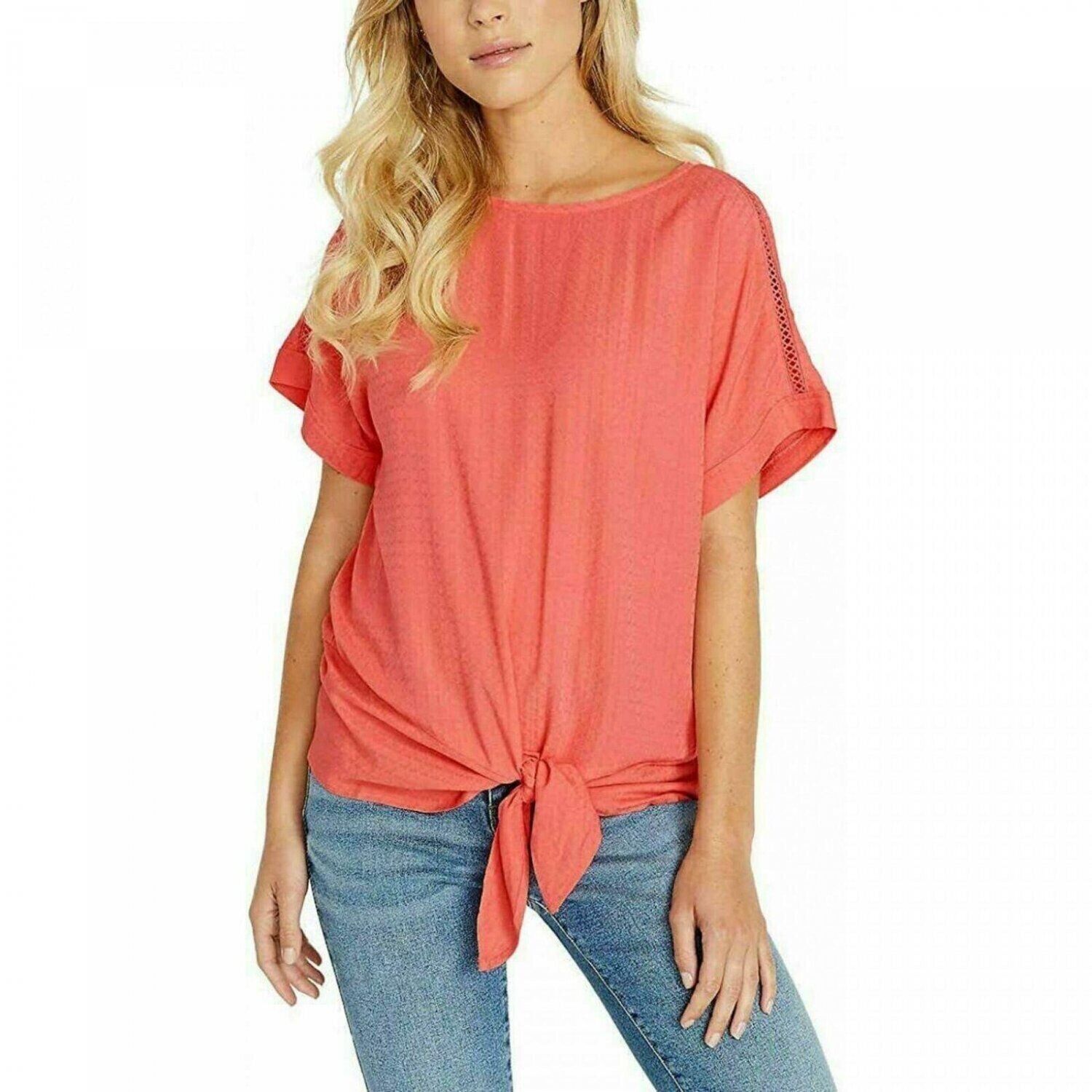 Buffalo David Bitton Women's Tie Front Woven Top With Crochet Inserts, Coral, M