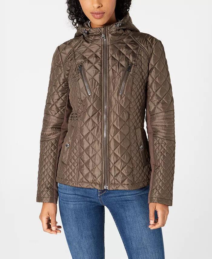 Sebby Women's Junior Hooded Quilted Water Resistant Coat Jacket, Small , Olive