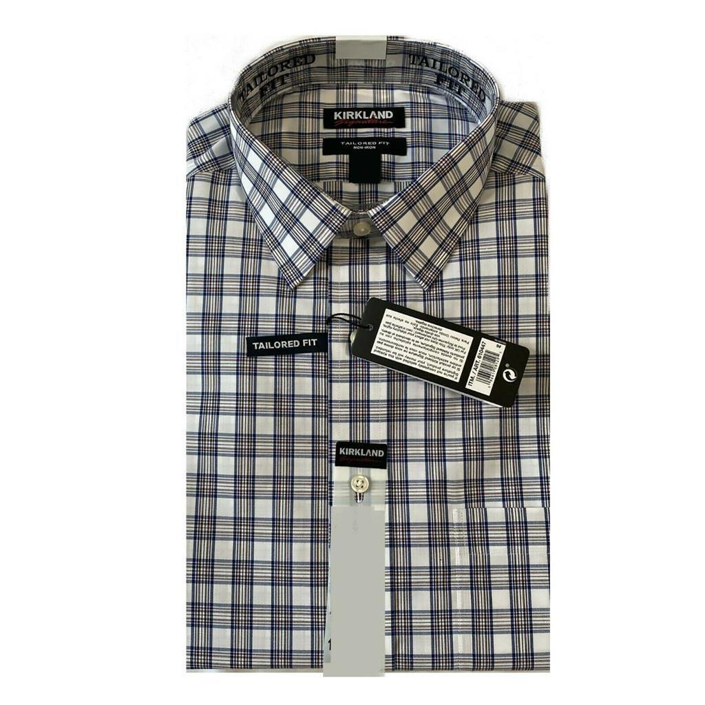 Kirkland Signature Mens Tailored Fit Non Iron Shirt, 20 X 32/33, WHITE/BLUE