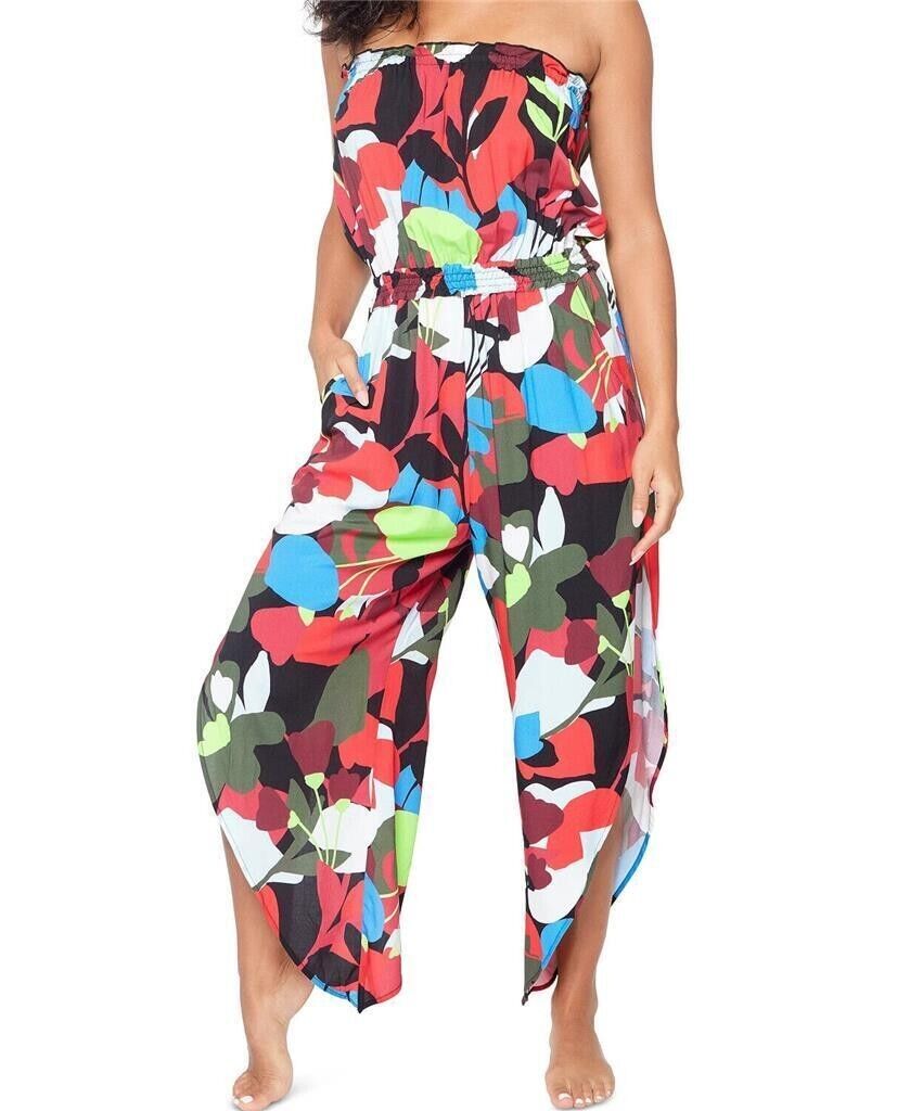 Bar III Printed Jumpsuit Swimsuit Cover Up, Multi, Size Small