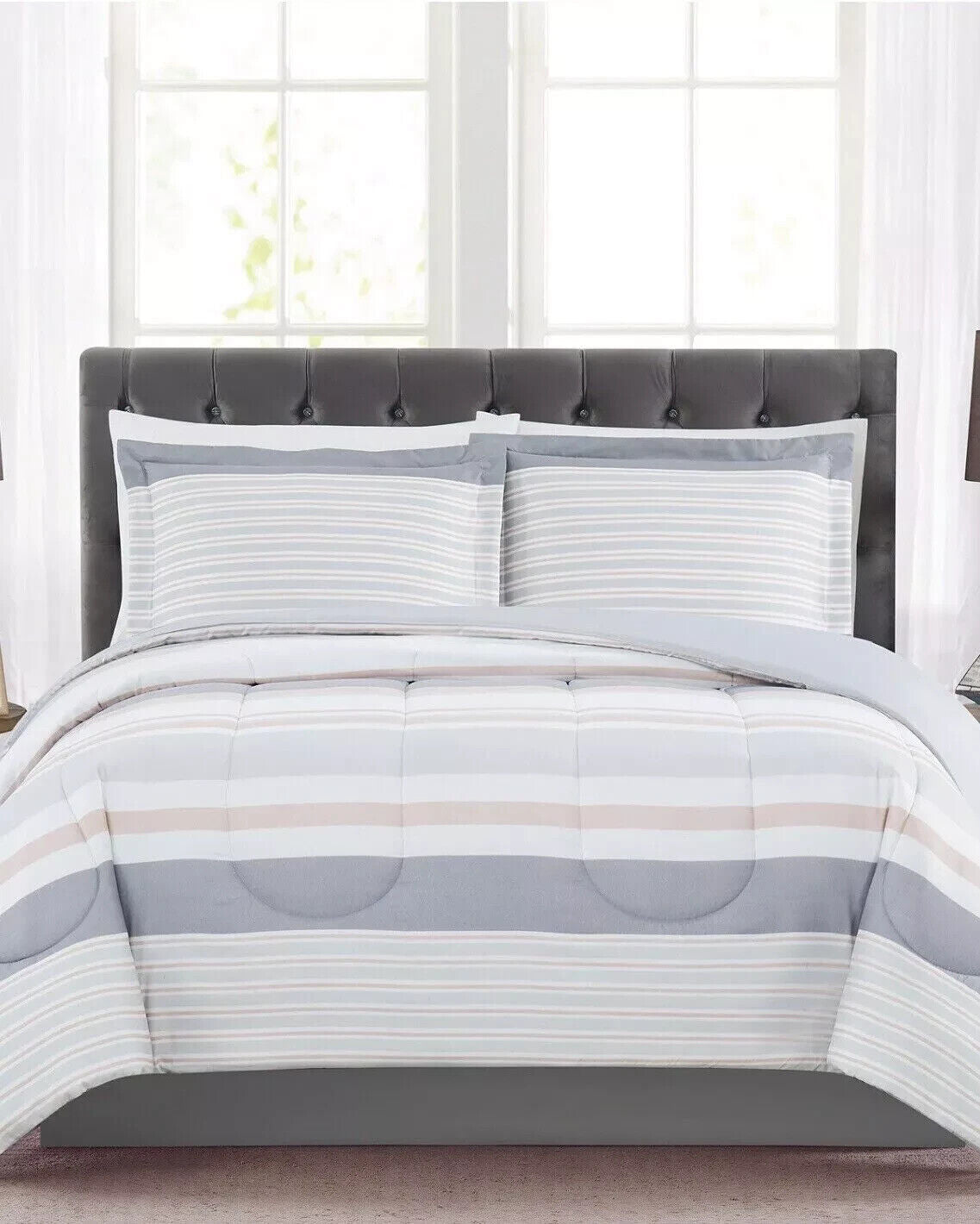 Pem America Grace Gray Stripe Reversible 3-Piece Comforter Sham Set , Full/Queen
