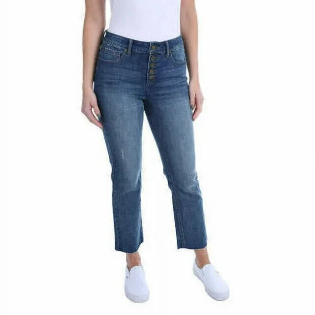 Kenneth Cole Women's Button Fly High Rise Straight Leg Stretch Jean, BLUE, 4