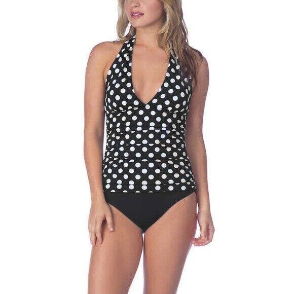 2 bamboo Women's One Piece Swimsuit w/ Tummy Control, Black Polka Dots, LARGE