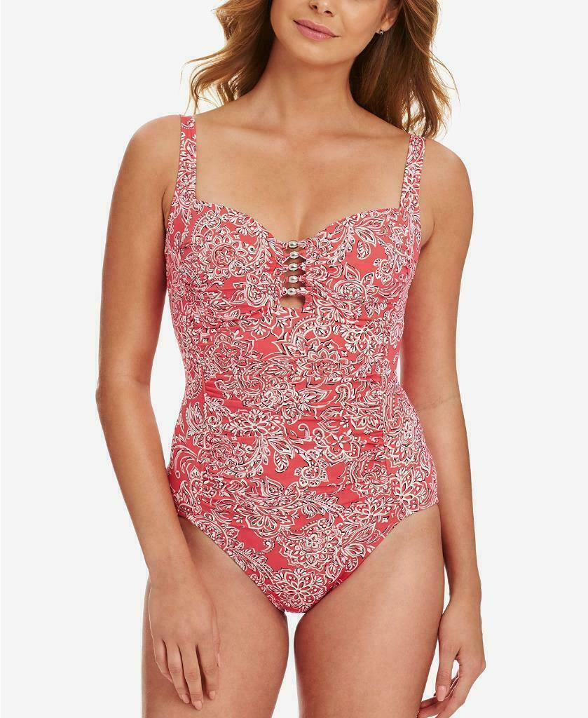 Swim Solutions Tummy-Control Beaded One-Piece Swimsuit, CORAL ORANGE, SZ 10