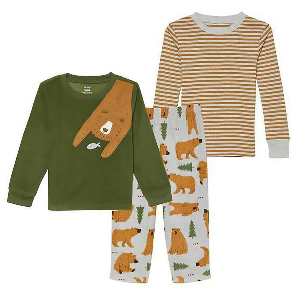 Carter's Kids Boys' 3-piece Fleece PJs Pajamas Sleep Set, GREEN W/BEARS, 5