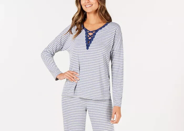 Alfani Women's Printed Lace-Up Pajama Top, Nautical Stripe, S