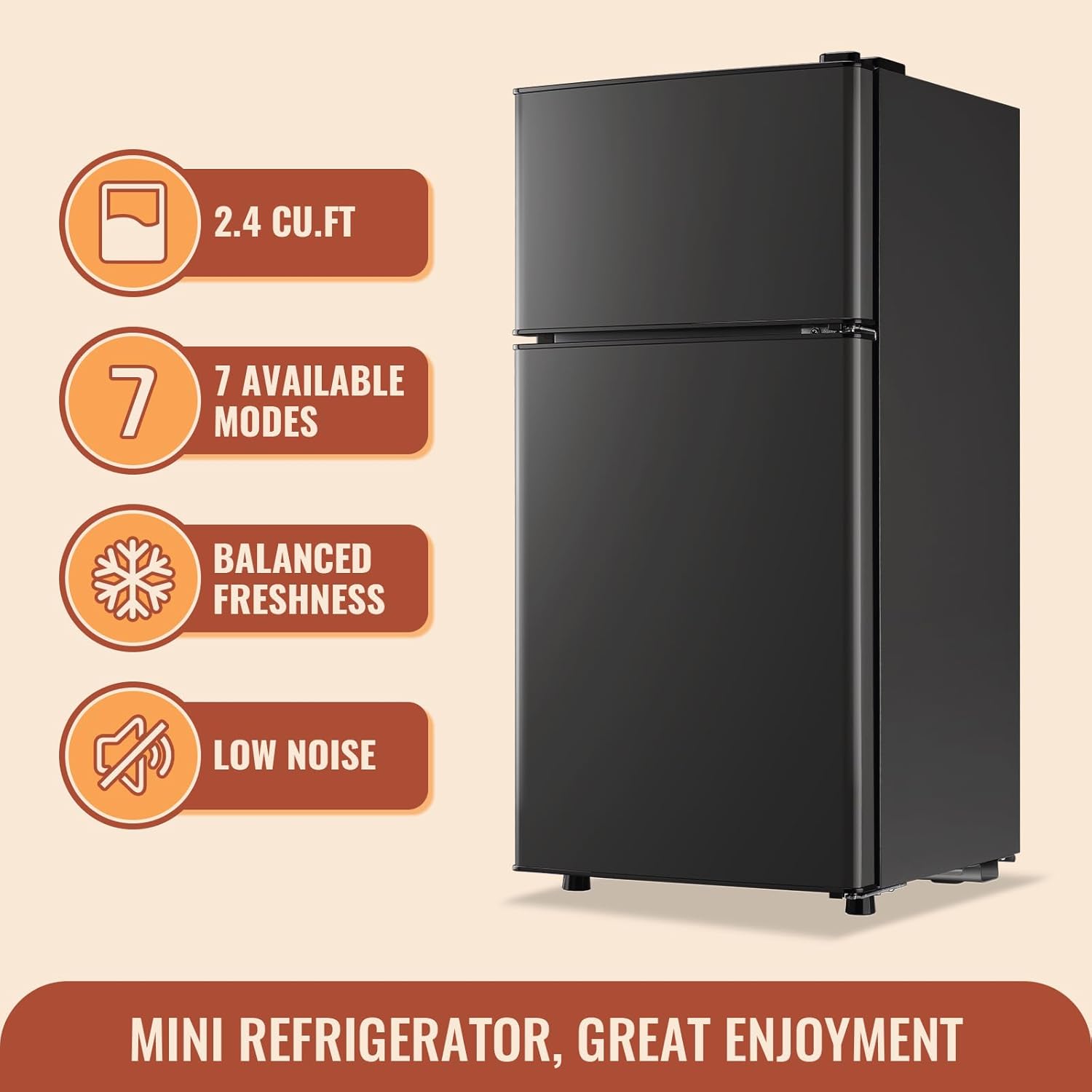 2.4 Cu.ft Mini Fridge with Double Doors Small Refrigerator with Separate Freezer & 7 Adjustable Temperature Control, Tiny Size & Personal Fridge Ideal for Office Apartment Dorm Dark Grey