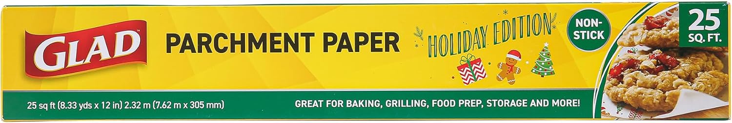 Glad Holly Jolly Printed Parchment Paper Roll – Holiday Design Parchment Paper; Baking Parchment for Christmas Cookies, Holiday Baking Paper, 25 Sq. Ft