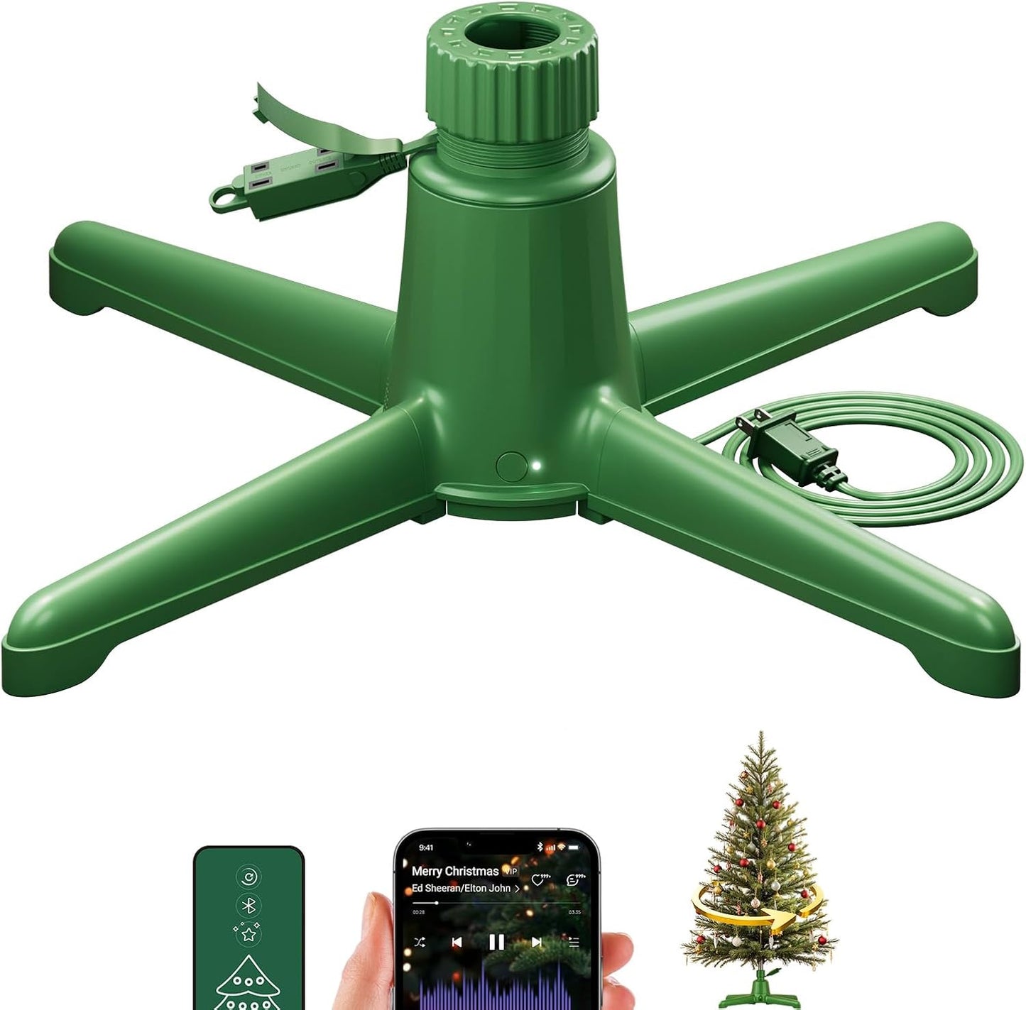 DG-Direct Musical 360° Rotating Christmas Tree Stand with Remote, Anti-Tilt Silent Spin Base, 3 Light Output Ports (800W), Fits 9ft 120lb Artificial Trees, Compatible with 1.25–2in Poles