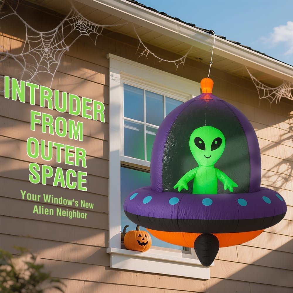 GARIG 5FT Halloween Inflatables Outdoor Decorations Aliens and UFO Build-in LEDs Lights Blow Up Yard Decorations for Garden Lawn Window Indoor Party Holiday Decor