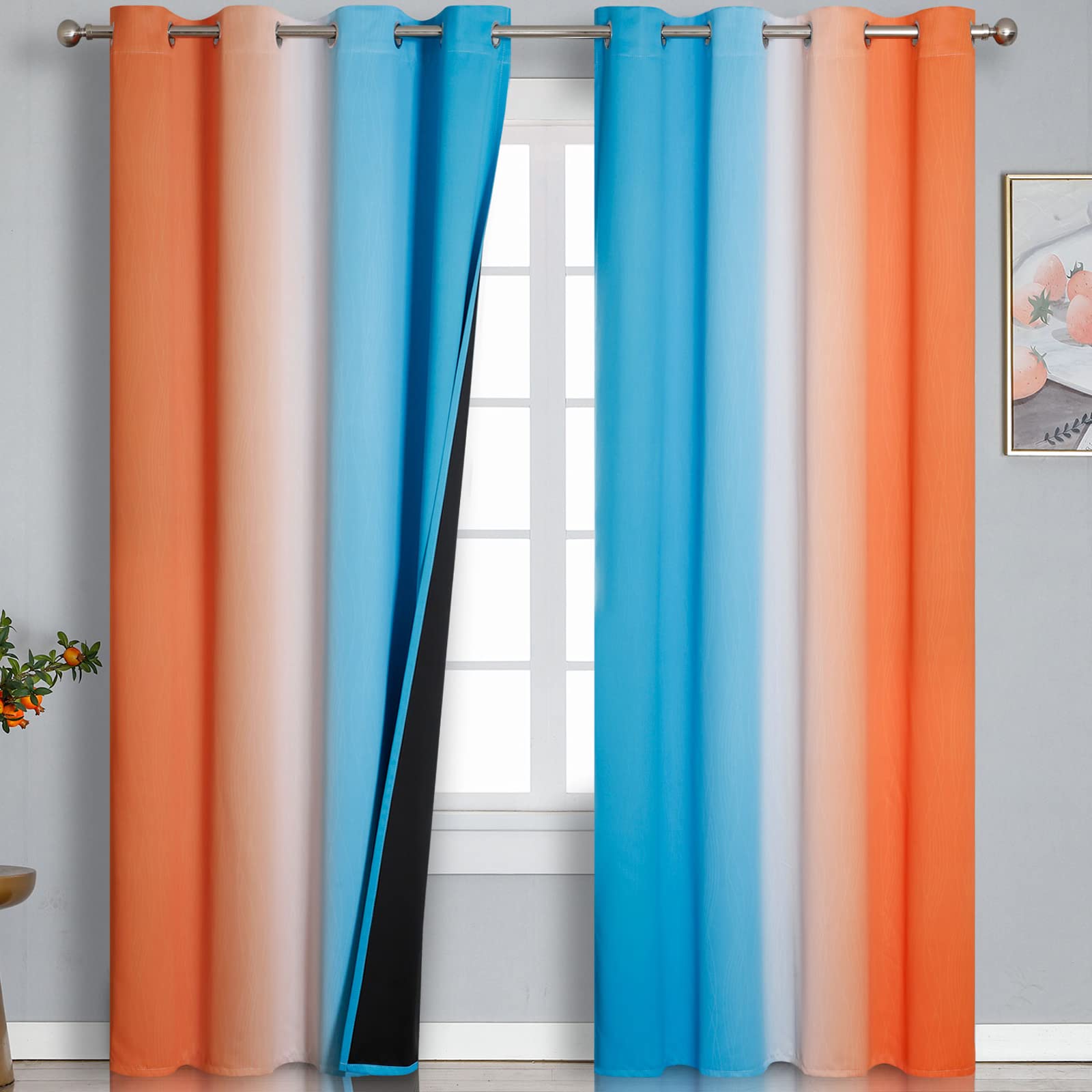 Estelar Textiler Beige and Greyish White Blackout Curtains for Living Room, Full Room Darkening Gradient Drapes for Bedroom, Thermal Insulated Ombre Grommet Curtains for Dining Room,52Wx84L,2 Panels