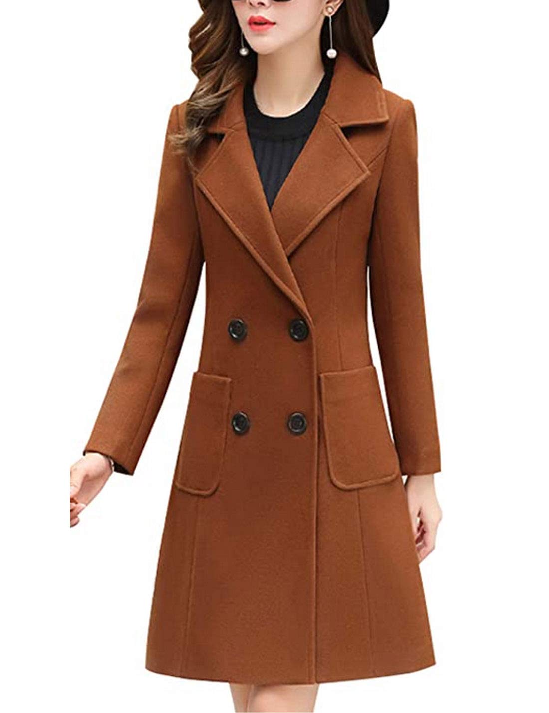 Bankeng Women Winter Wool Blend Camel Mid-Long Coat Notch Double-Breasted Lapel Jacket Outwear