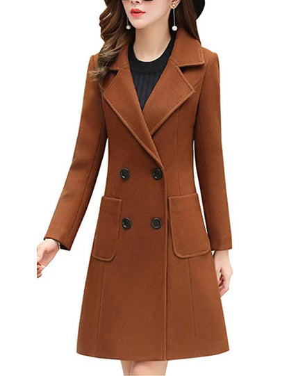 Bankeng Women Winter Wool Blend Camel Mid-Long Coat Notch Double-Breasted Lapel Jacket Outwear