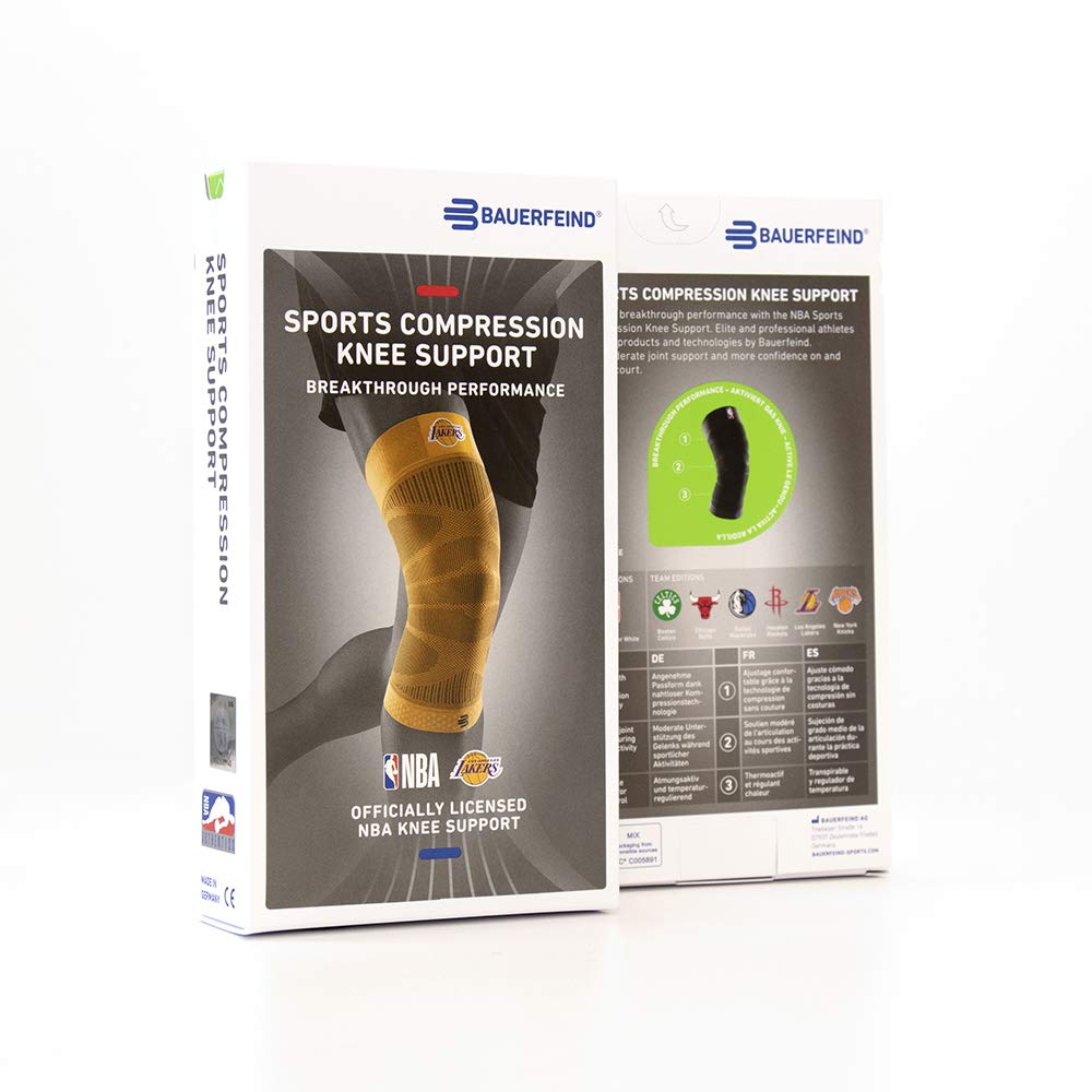 Bauerfeind Sports Compression Knee Support NBA Los Angeles Lakers - Lightweight Design with Gripping Zones for Basketball Knee Pain Relief & Performance (Lakers, S)