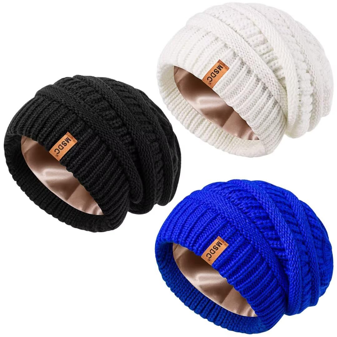 3 Pack Satin Lined Beanie for Women, Warm Slouchy Winter Hats with Silk Lined, Fashionable Oversized Cable Knit Hat Skull Cap