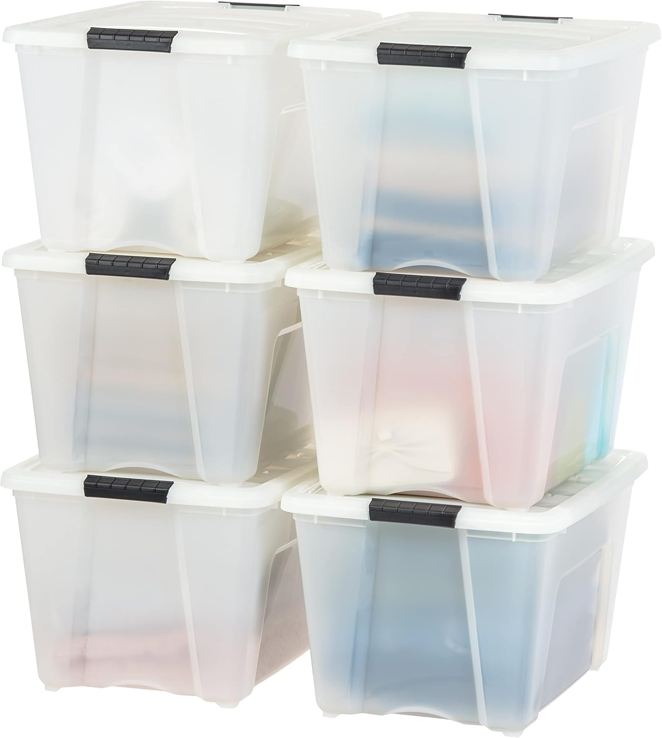 IRIS USA 13 Qt Stackable Plastic Storage Bins with Lids, 6 Pack - BPA-Free, Made in USA - Discreet Organizing Solution, Latches, Durable Nestable Containers, Secure Pull Handle - Pearl