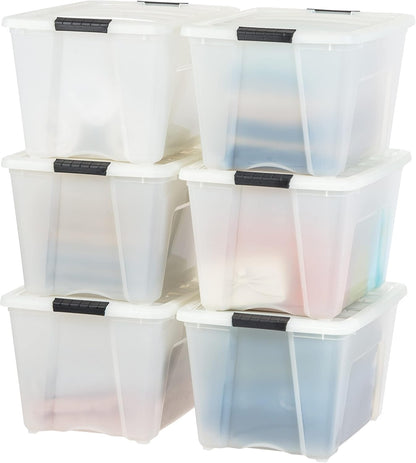 IRIS USA 13 Qt Stackable Plastic Storage Bins with Lids, 6 Pack - BPA-Free, Made in USA - Discreet Organizing Solution, Latches, Durable Nestable Containers, Secure Pull Handle - Pearl