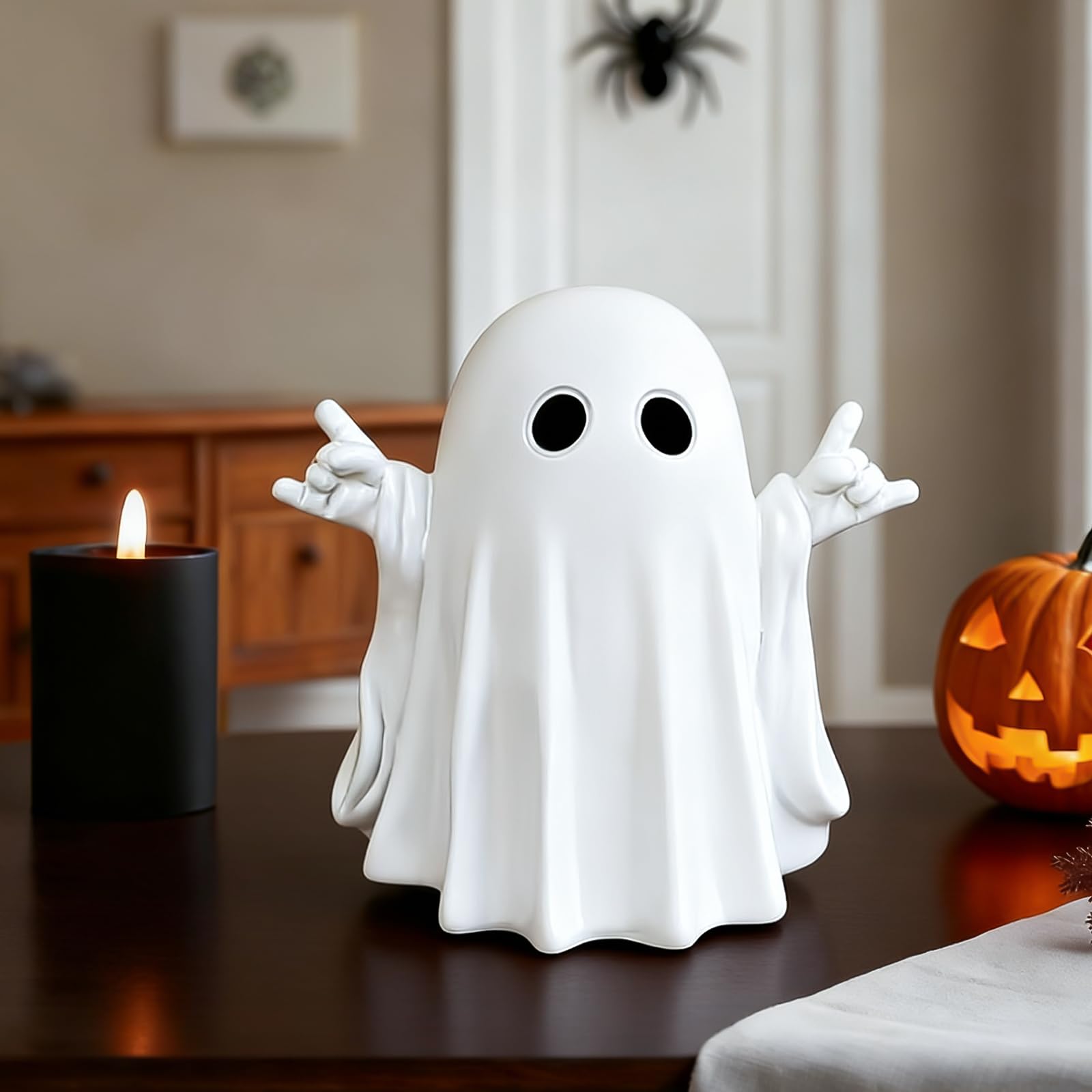 Halloween Ghost Figurine, Funny Spooky Resin Ghost with Pumpkin Basket Statue, Cute Decor for Halloween Decorations Indoor, Porch and Indoor Spooky Home Decor Gifts