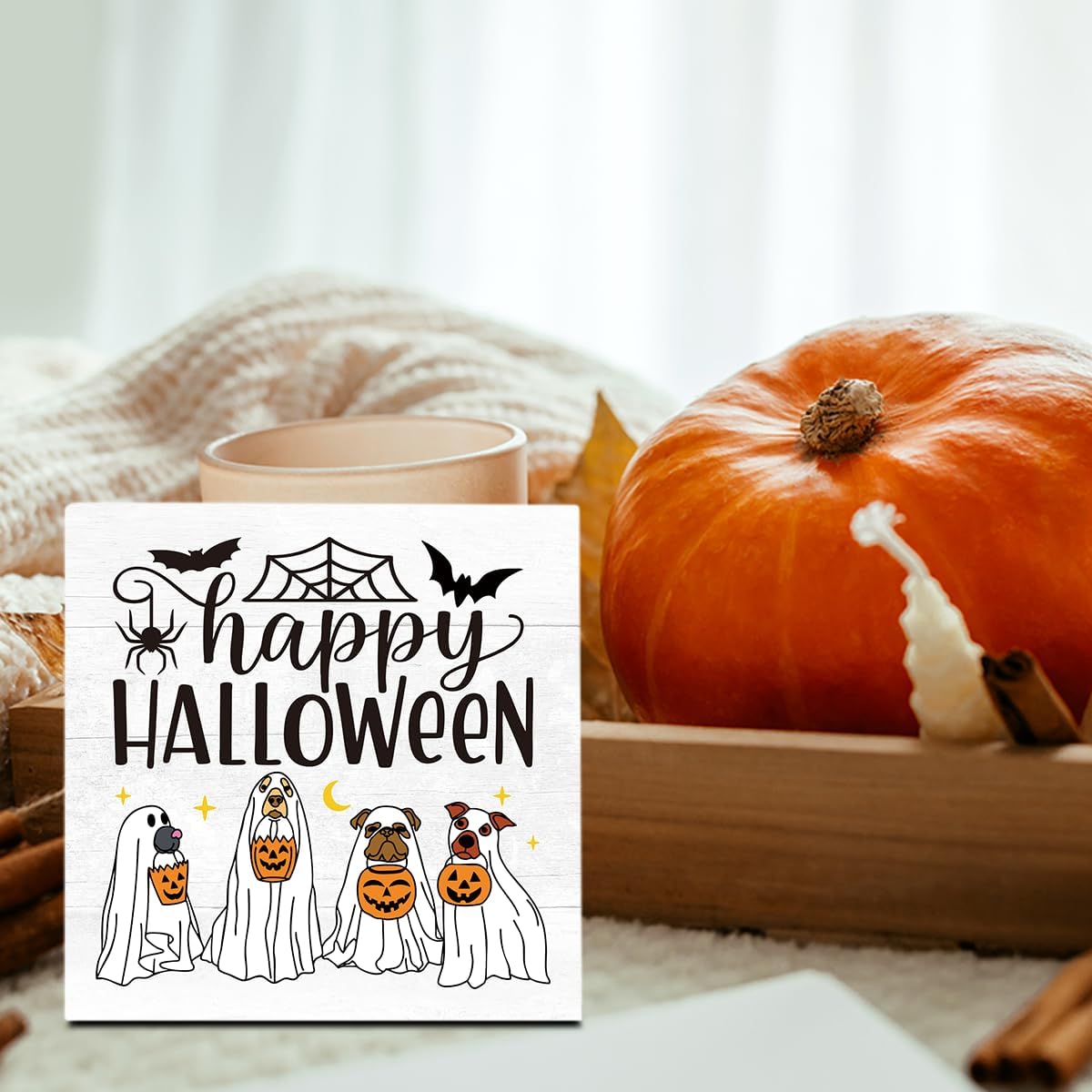 Cute Halloween Decor, Happy Halloween Dog Decorations, Spooky Ghost Decor for Home Office, Spider Webs Scary Decorations 5 x 5 inches A11