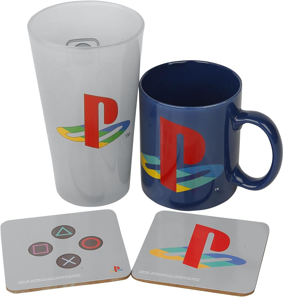 GB eye Playstation Premium Gift Set includes (1) Pint Glass, (1) Full Color Mug, (2) Coasters with Collectible Gift Box