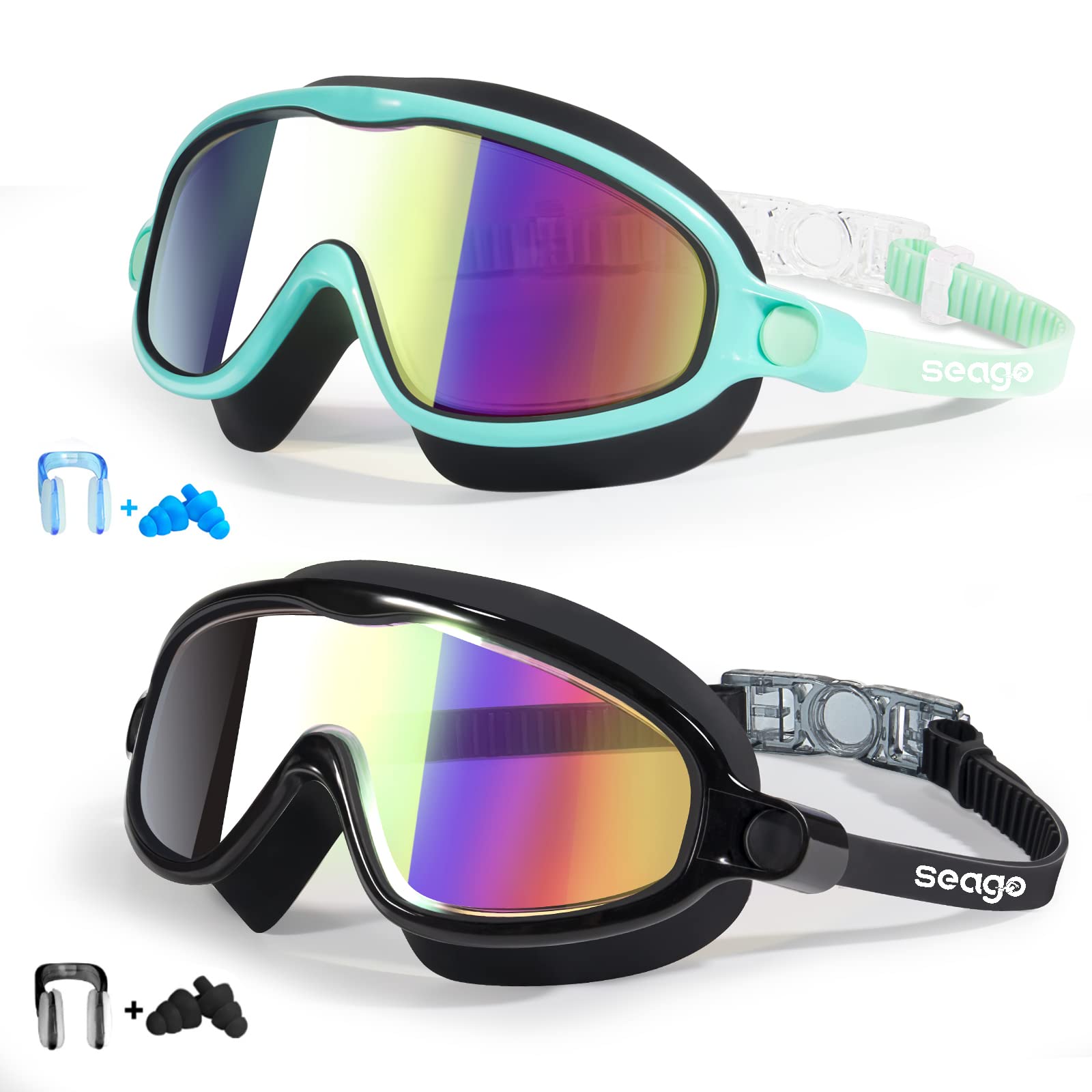 Seago Swim Goggles 2 Pack Anti-Fog Anti-UV Wide View Swimming Goggles for Kids 3-14