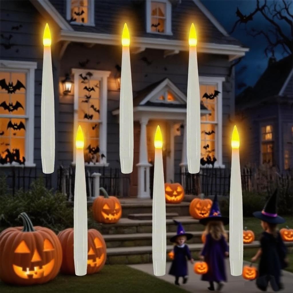 Halloween Decorations, 20 PCs Floating Candles with Wand Magic Hanging Candles, Flickering Warm Light Flameless Floating LED Candle with Wand Remote, Battery Operated Taper Candle Set for Theme Party