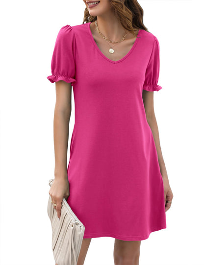 Halife Womens Summer Dresses Casual Puff Short Sleeve V-Neck T Shirt Dress with Pockets